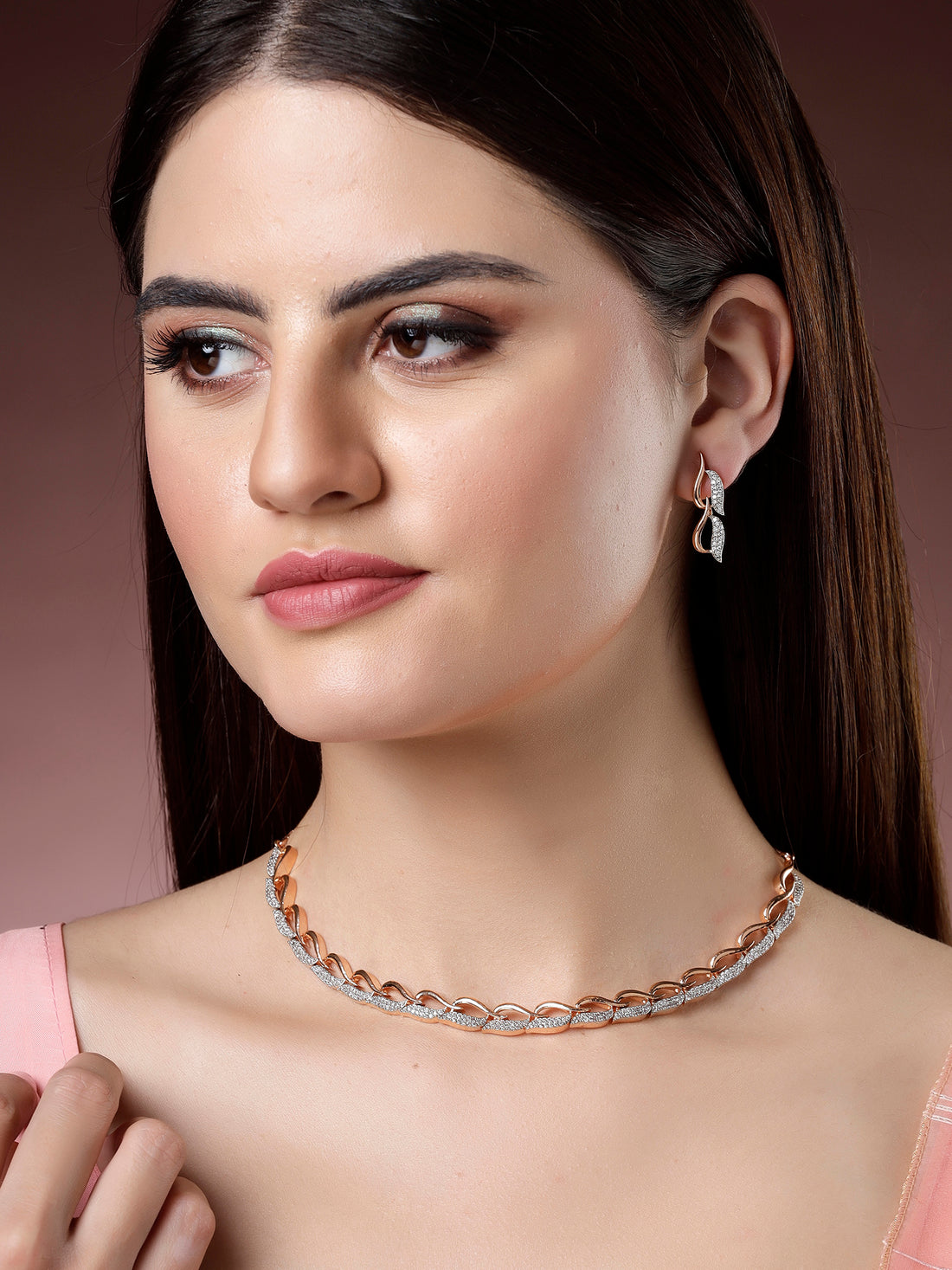 Karatcart Lightweight Rose Gold Necklace Set with Sparkling Cubic Zirconia and Sleek Rhodium Finish