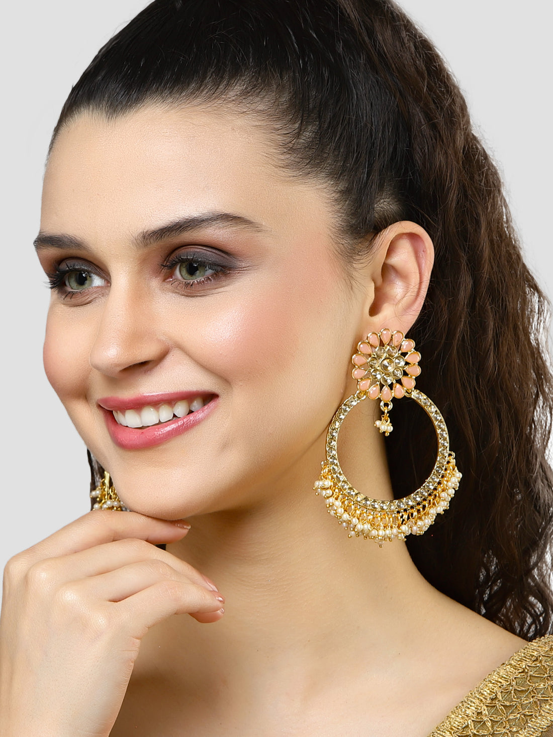 Karatcart Gold Plated Peach Kundan Studded Hoop Earrings for Women