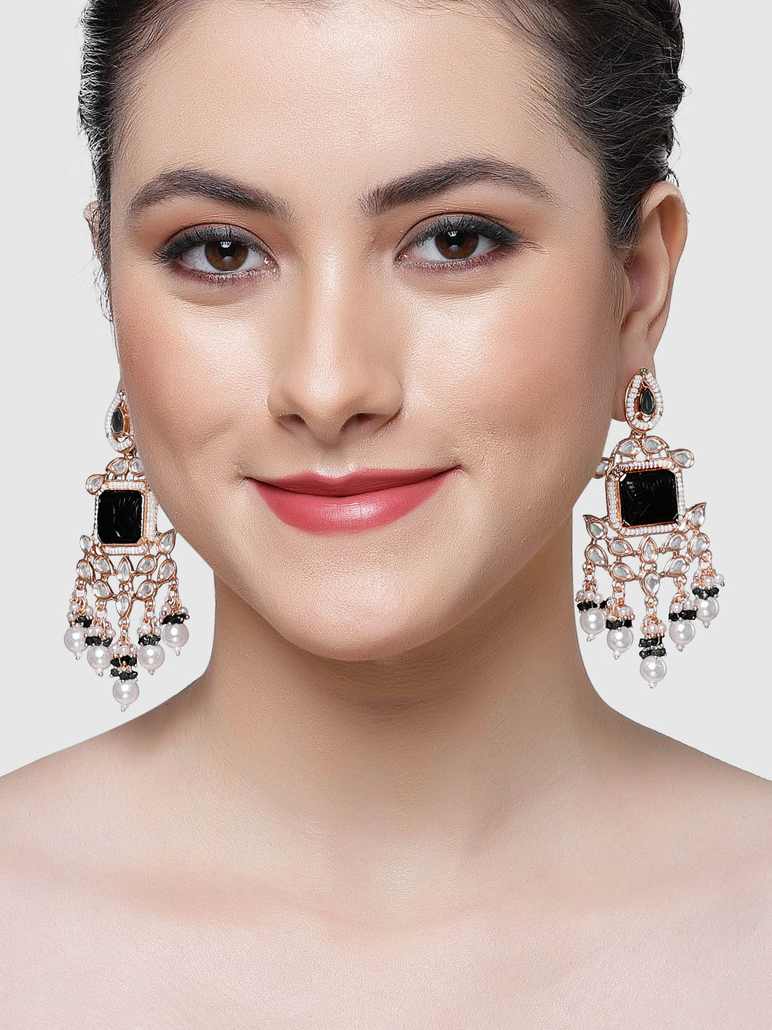 Karatcart Rose Gold Plated Black Carved Stone Kundan Drop Earrings for Women