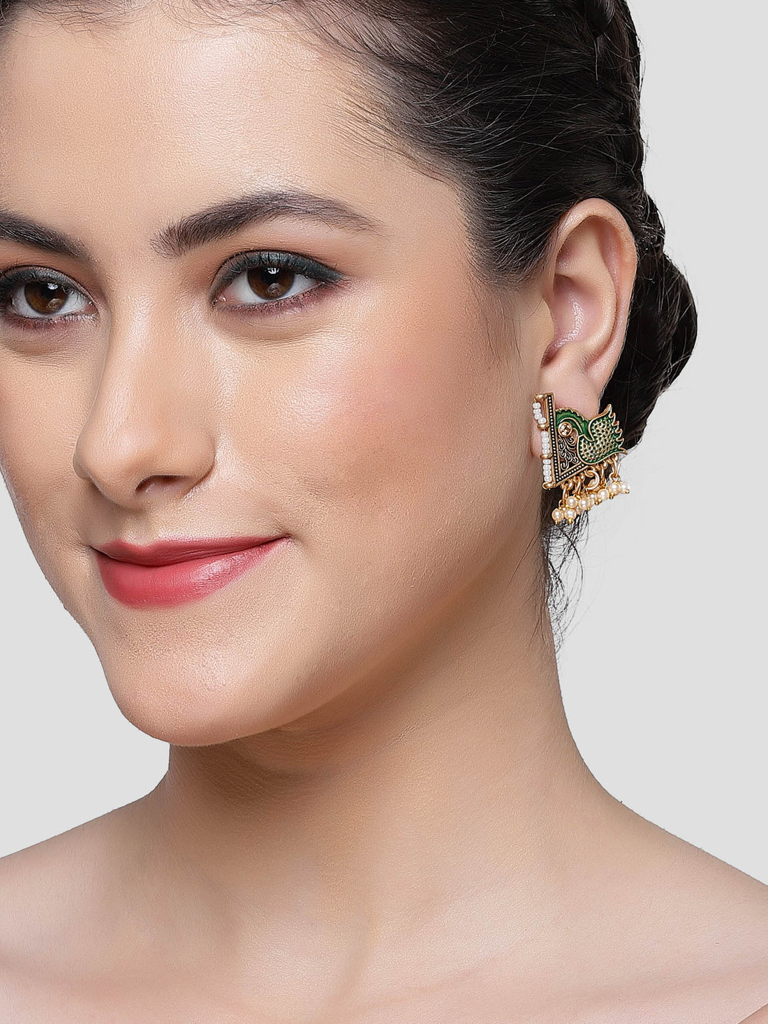 Karatcart Gold Plated Green Meena Peacock Design Stud Earrings for Women