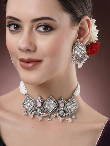 Karatcart Oxidised Silver Pink Stone Kundan Choker Necklace Set for Women