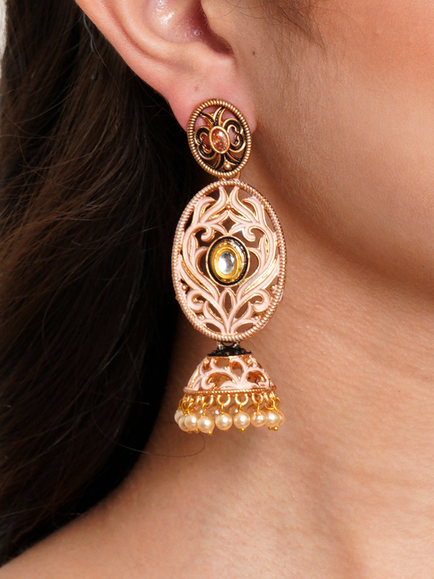 Karatcart Gold Plated Pink Meena Dangler Jhumki Earrings for Women - Image 1
