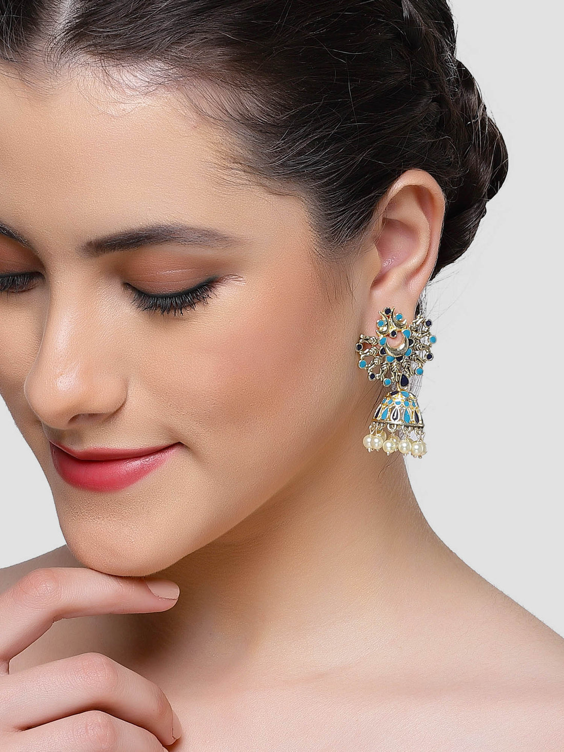 Karatcart Gold Plated Light Blue and Navy Blue Meena Jhumki Earrings for Women