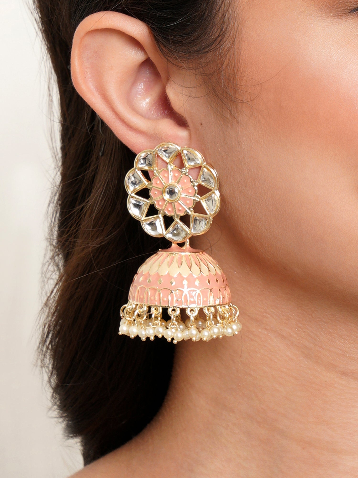 Karatcart Gold Plated Baby Pink Meena Kunda Studded Jhumki Earrings for Women - Image 1