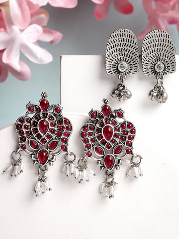 Karatcart Set of 2 Oxidised Silver Red Stone Studded Stud Earrings for Women