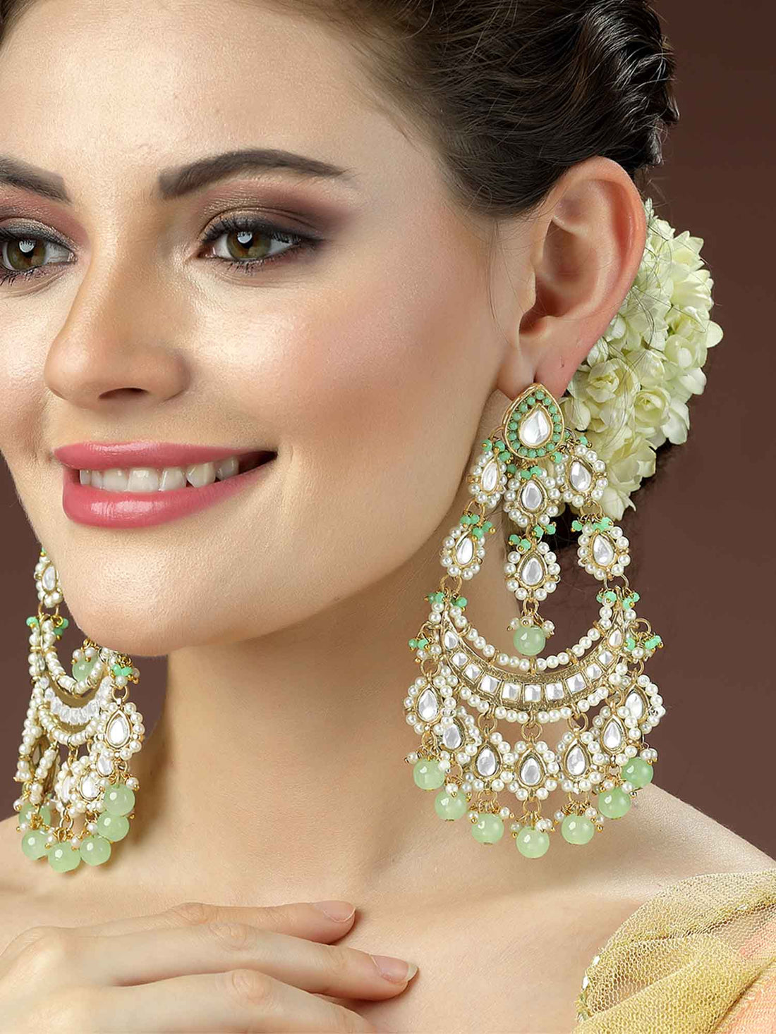 Karatcart Gold Plated Long Kundan Light Green Beads Dangler Earrings for Women