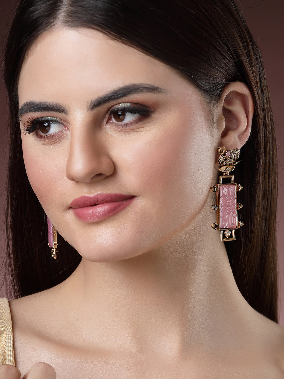 Karatcart Pink Carved Stone Studded Gold Plated Drop Earrings for Women