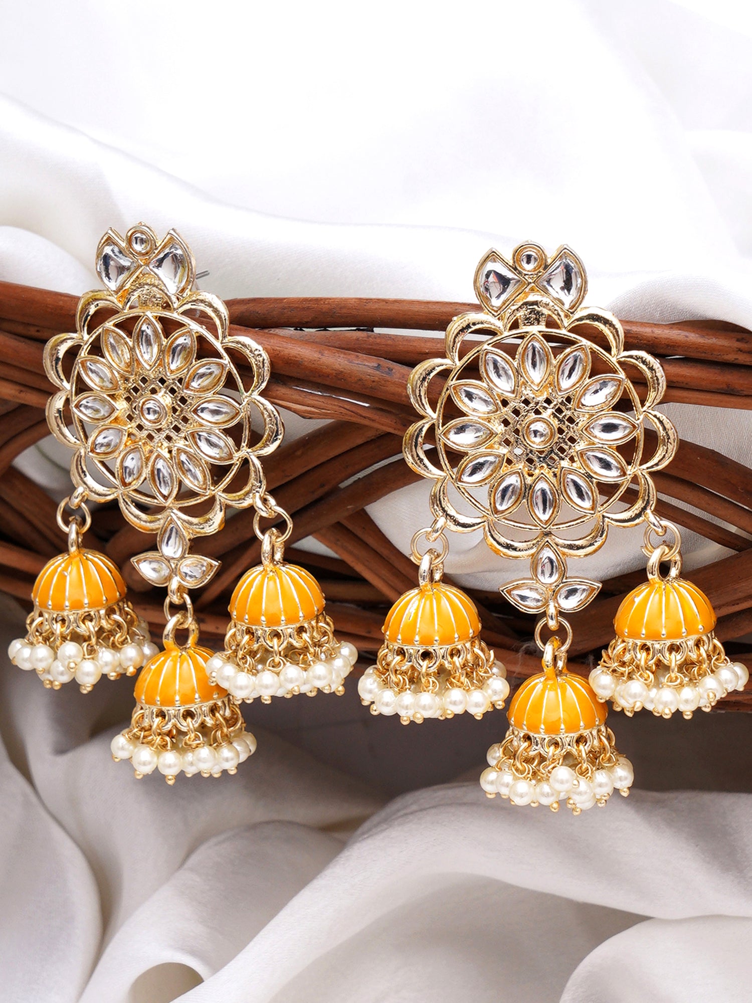 Karatcart Gold Plated Kundan Studded Yellow Meena Triple Jhumki Earrings for Women - Image 1