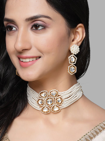 Karatcart Gold Plated Pearl Beaded Polki Kundan Choker Necklace Set for Women