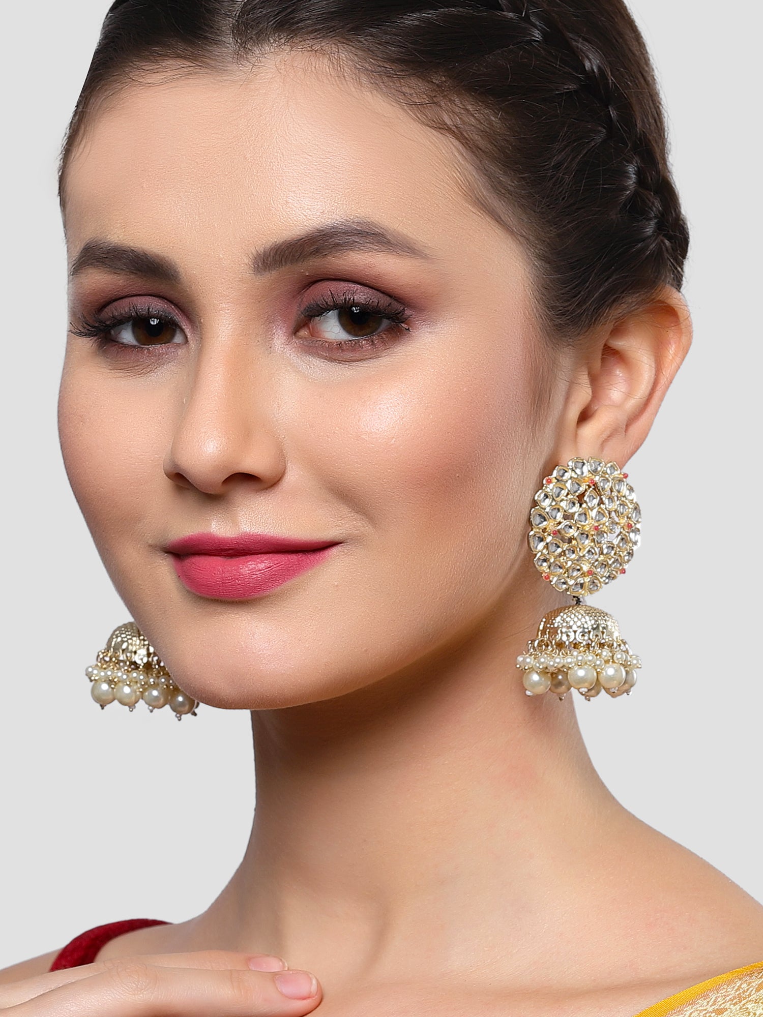 Karatcart Gold Plated Floral Design Pearl Studded Kundan Jhumki Earrings for Women - Image 1