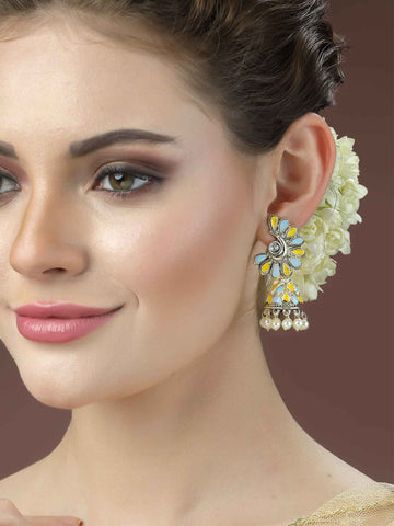 Karatcart Gold Plated Light Blue and Yellow Meena Jhumki Earrings for Women