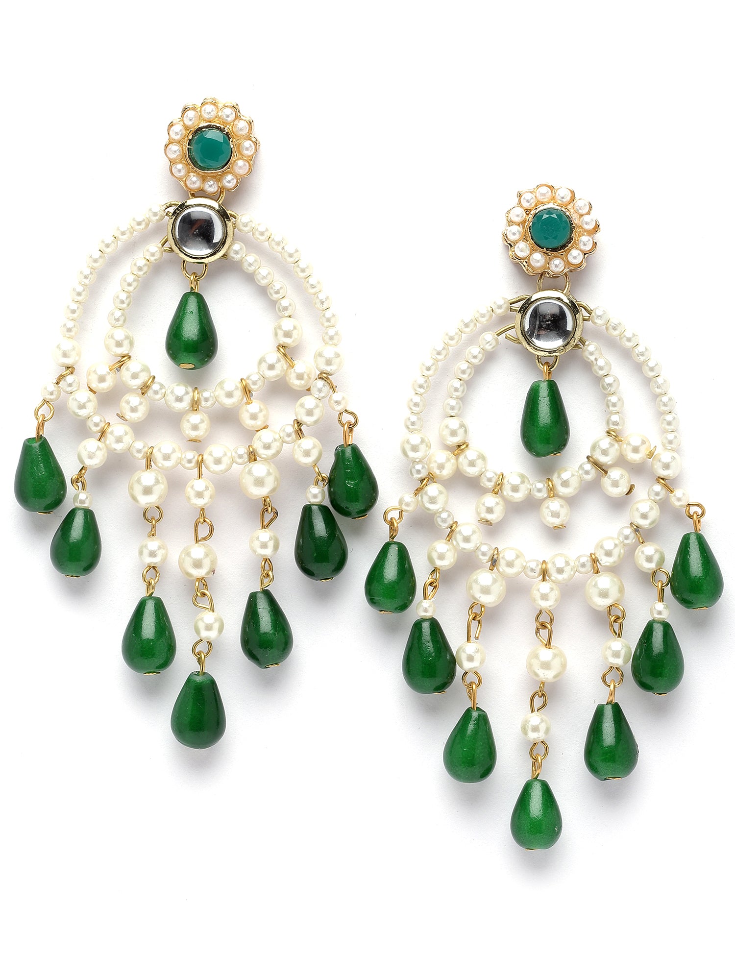 Karatcart Gold Plated Green Bead Kundan Drop Earrings for Women - view 4