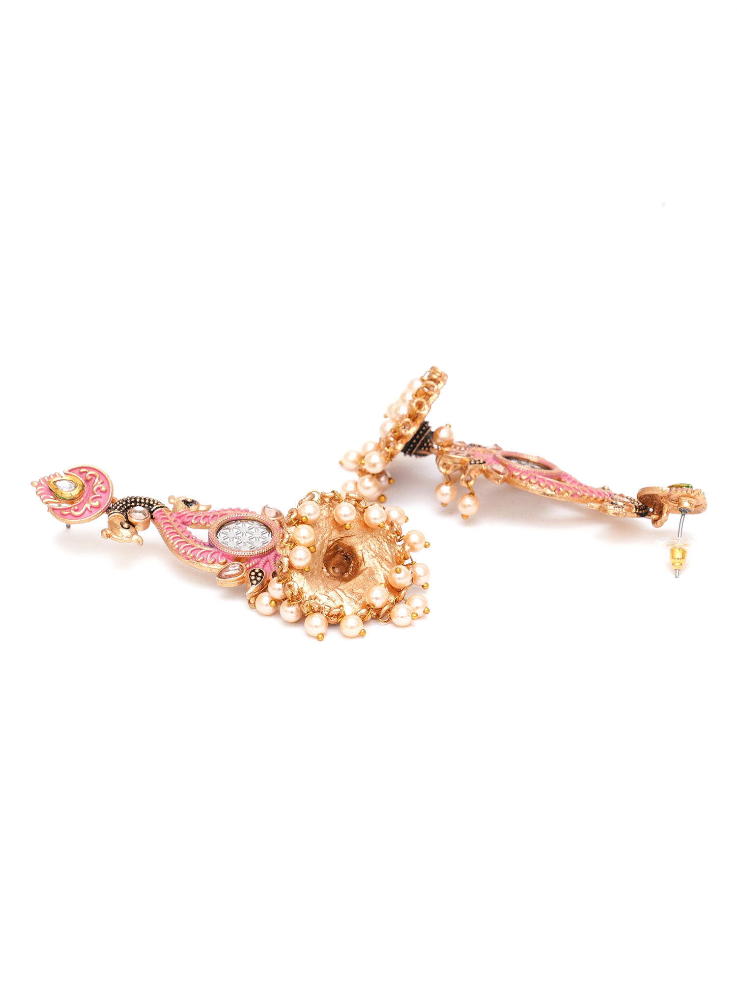 Karatcart Antique Gold Plated Kundan Studded Pink Meena Peacock with Flat Jhumki Dangler Earrings - view 5