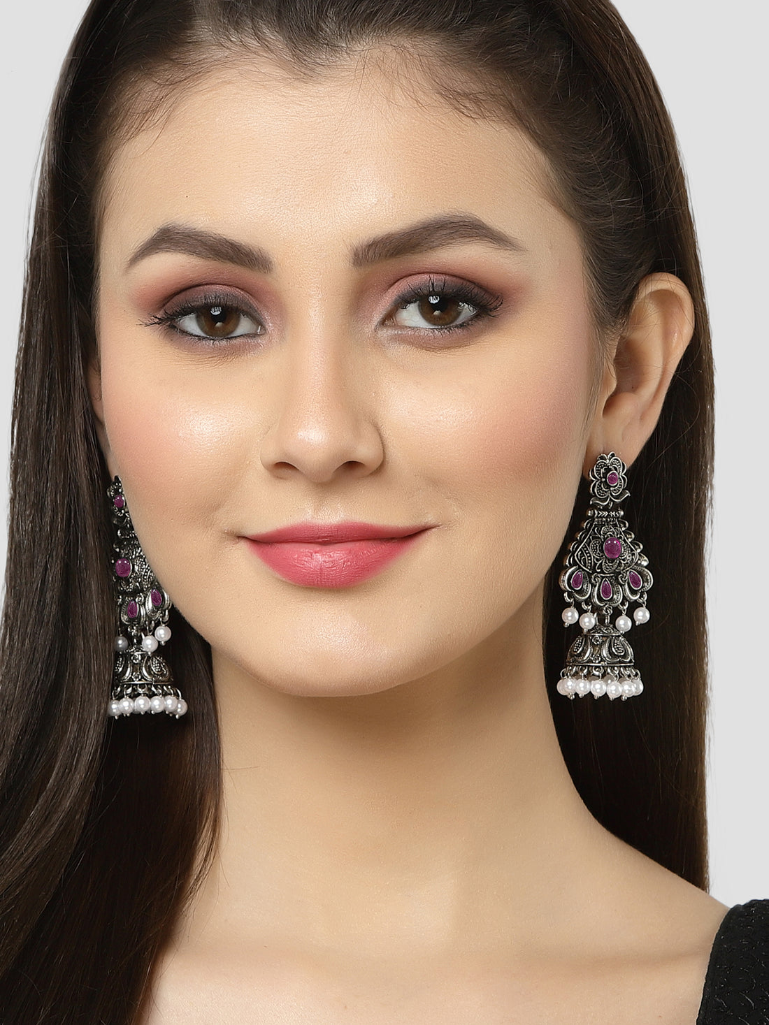 Karatcart Oxidised Silver Red Stone Studded Dangler Jhumki Earrings for Women