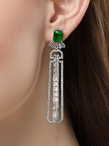 Karatcart Green Cubic Zirconia Studded Silver Plated Long Drop Earrings for Women