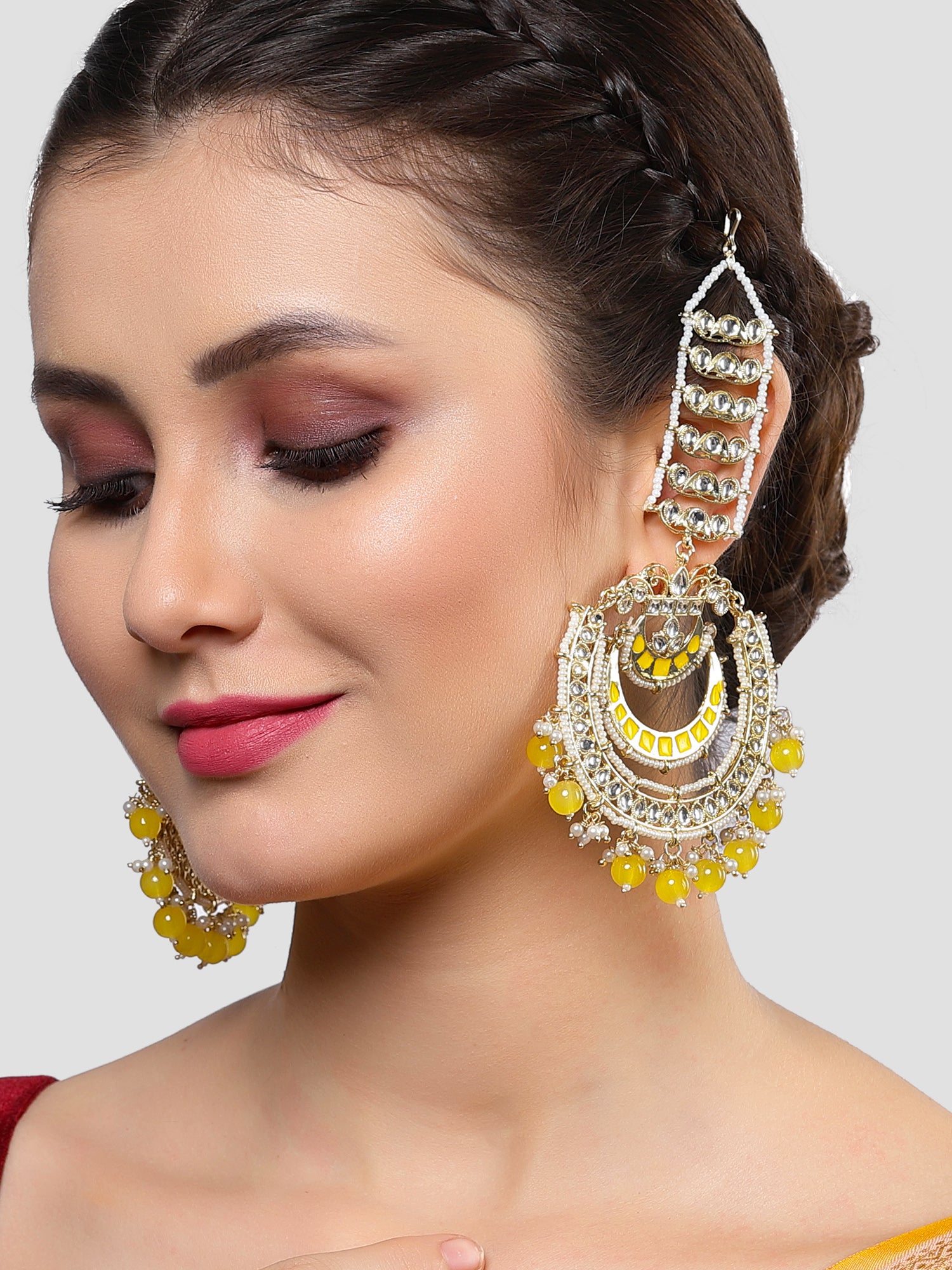 Karatcart Gold Plated Yellow Beads and Kundan Studded Kaanchain Chandbali Earrings for Women - Image 1