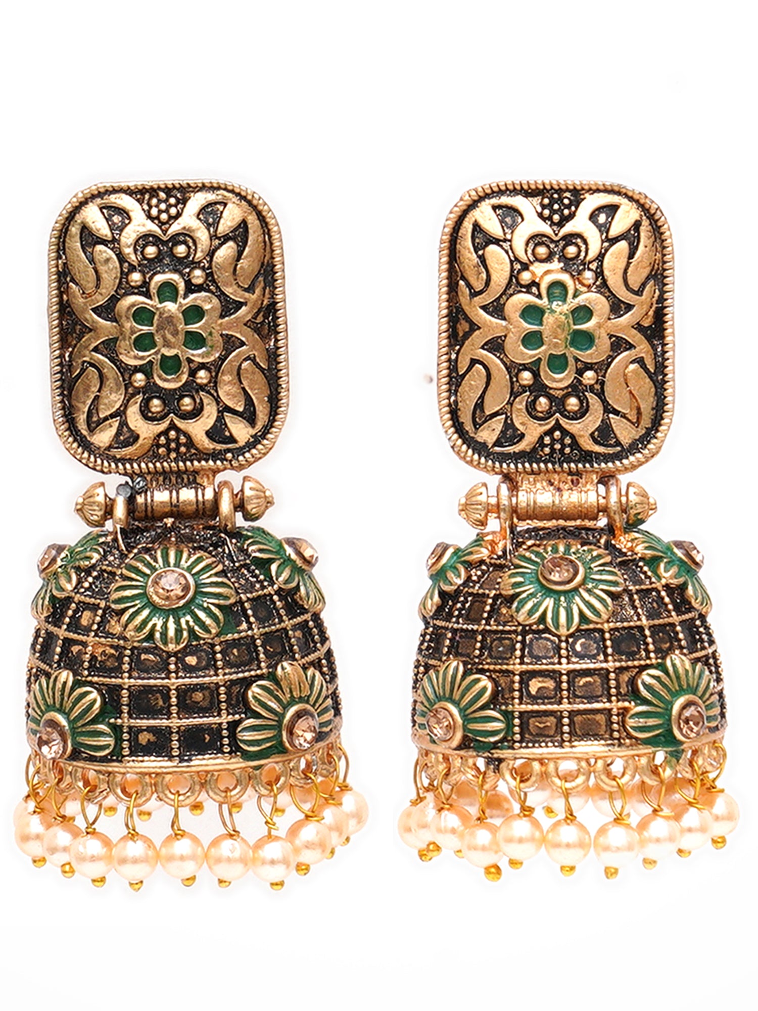 Karatcart Antique Gold Plated Floral Green Studded Jhumki Earrings for Women - view 4