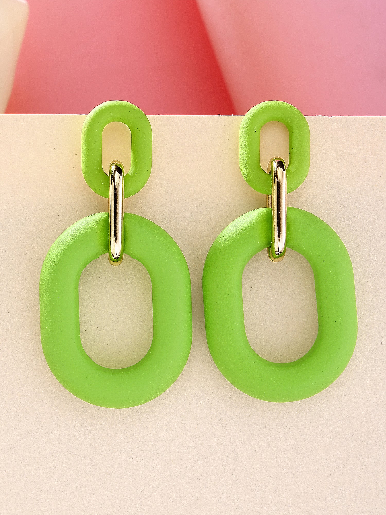 Bohey by KARATCART Lime Green Matte Finish Link Dangler Earrings for Women