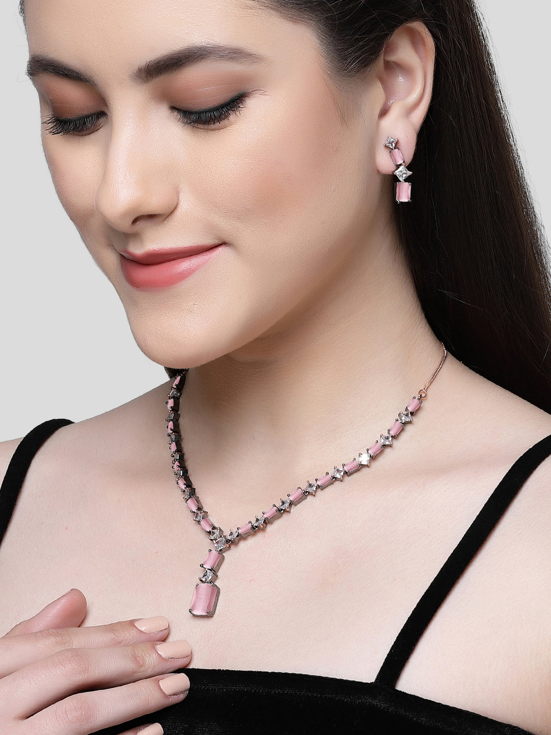 Karatcart Black Silver Plated Square Pink Cubic Zirconia Necklace Set for Women