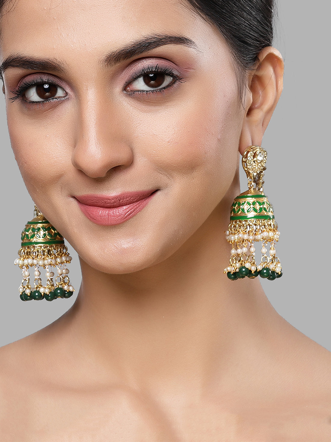 Karatcart Gold Plated Green Meena and Beads Kundan Kaanchain Jhumki Earrings for Women