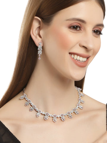 Karatcart Silver Plated Pink CZ Studded Necklace with Earrings