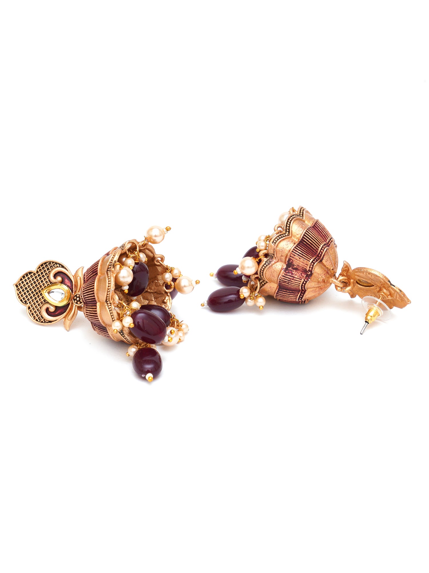 Karatcart Gold Plated Maroon Tumble and Golden Pearl Studded Jhumki Earrings for Women - Image 1
