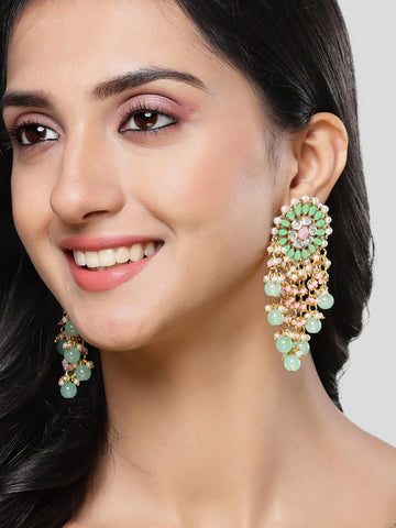 Karatcart Gold Plated Light Green and Pink Floral Design Kundan Drop Earring for Women