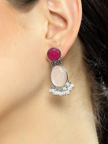 Karatcart Silver Tone Oval Shape Ruby Pink Carved Stone Studded Drop Earrings for Women