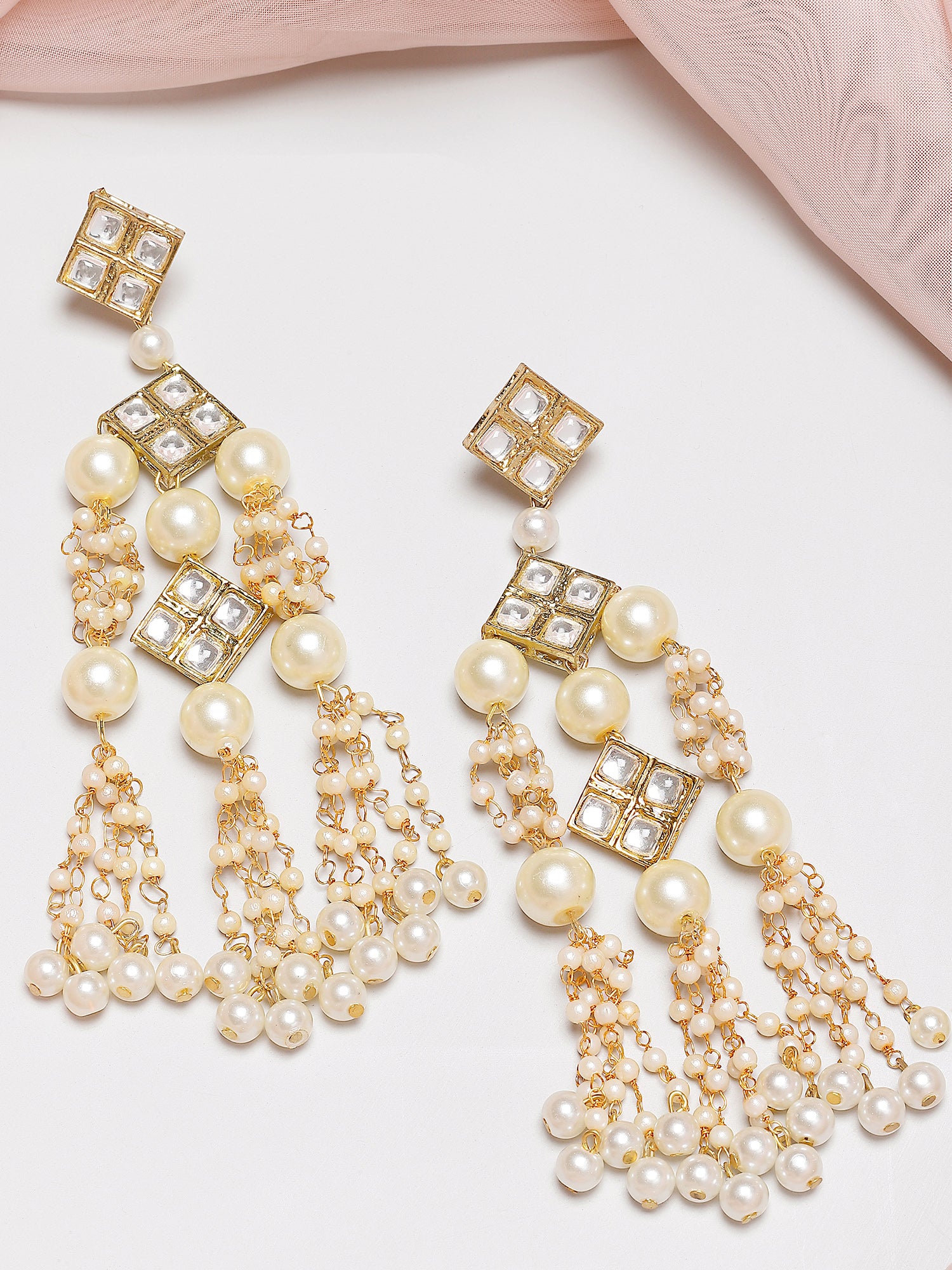 Karatcart Gold Plated Square Kundan and Pearl Drop Earrings for Women