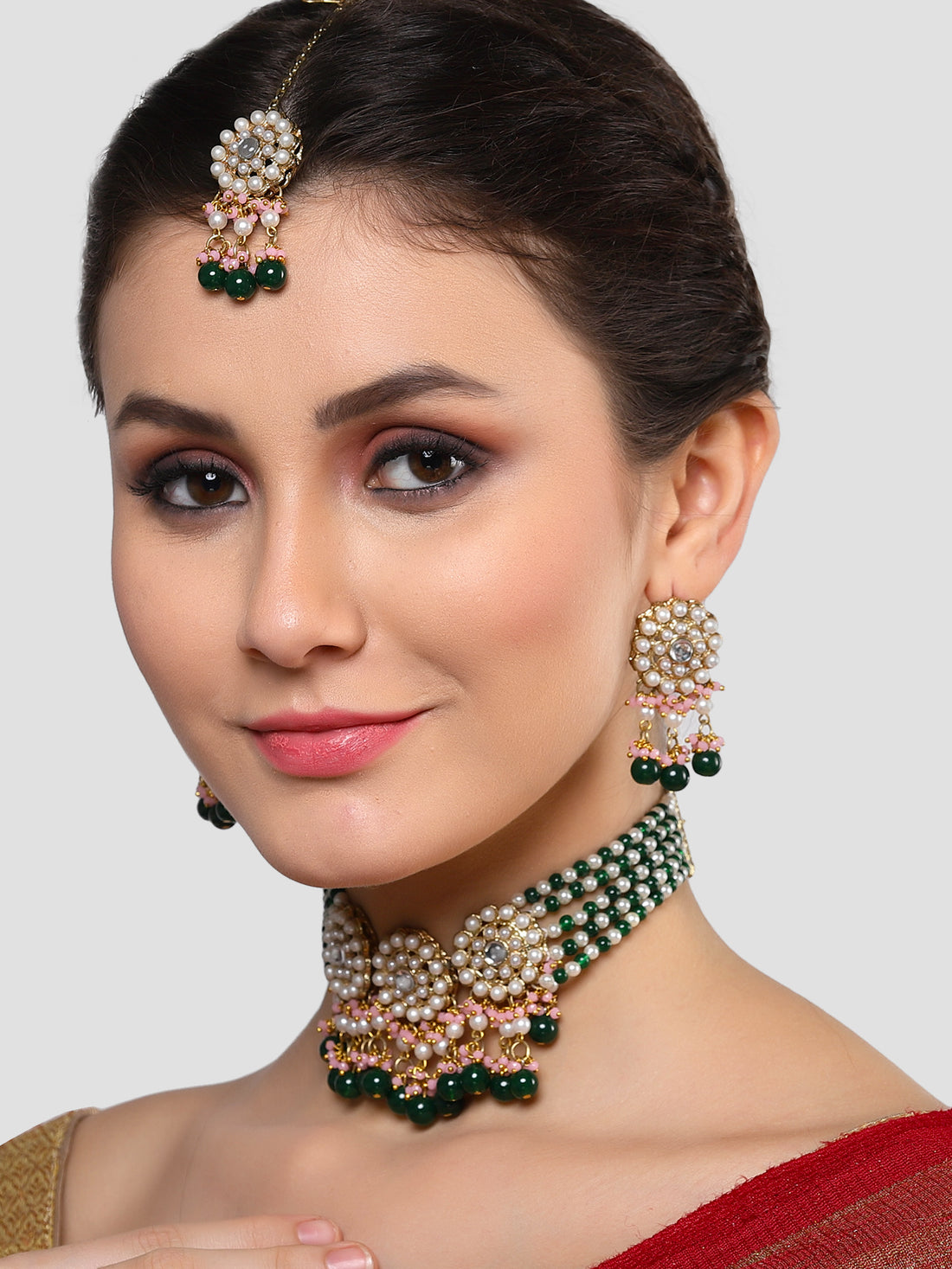 Karatcart Gold Plated White Pearl and Green Beaded Kundan Choker Necklace Set for Women