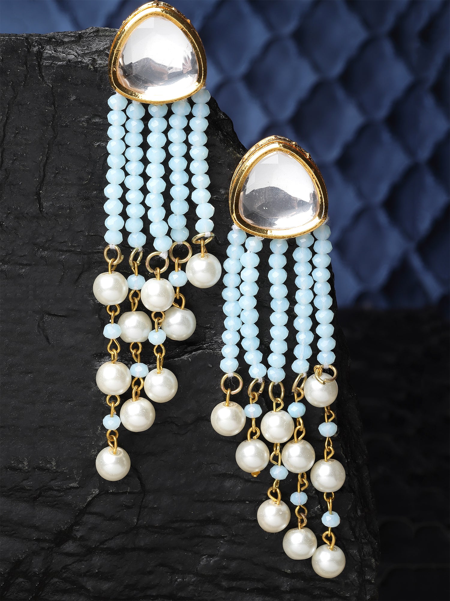 Karatcart Gold Plated Light Blue Crystal Kundan Drop Earrings for Women - view 3