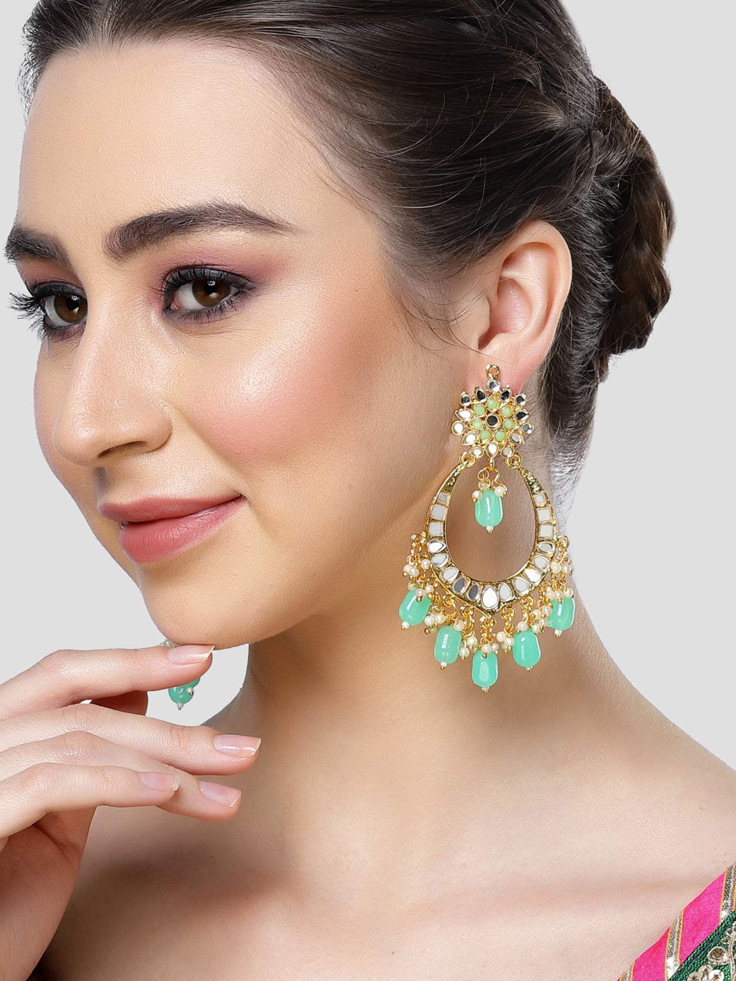 Karatcart Gold Plated Mirror and Light Green Tumble Studded Dangler Earrings for Women - Image 1