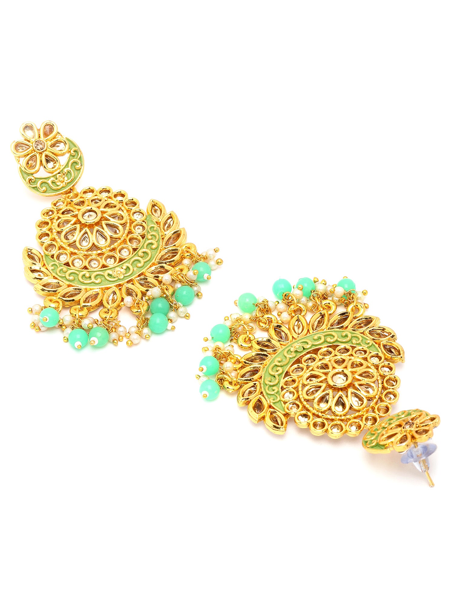 Karatcart Gold Plated Lime Green Beads Kundan Studded Dangler Earrings for Women - view 5