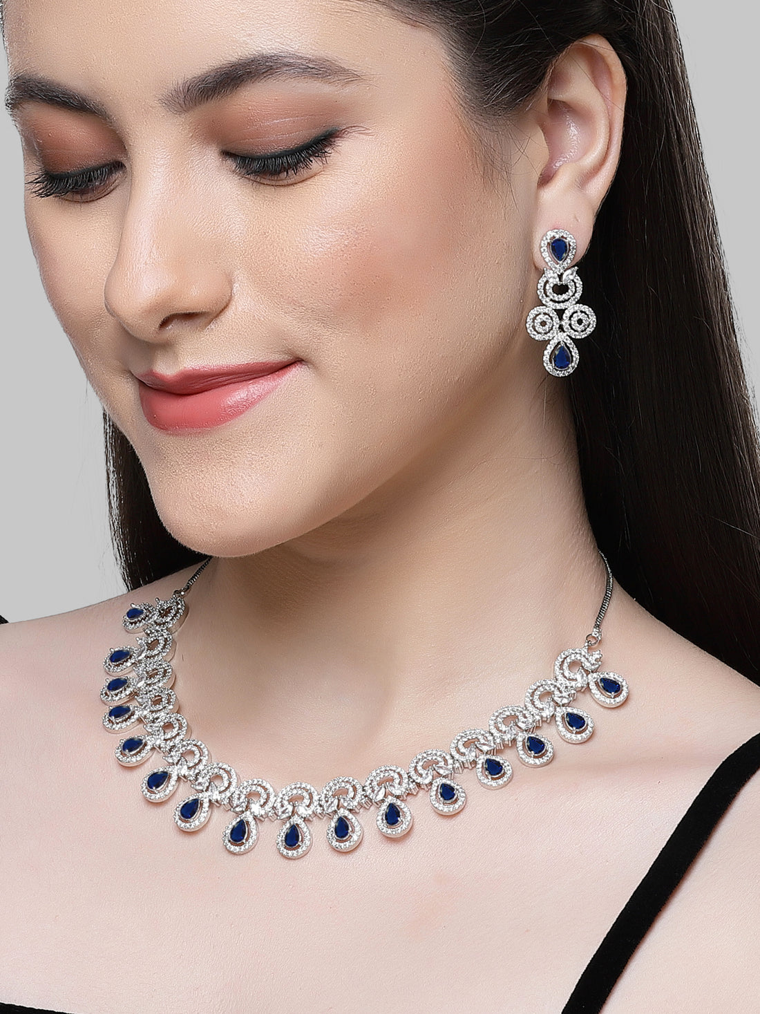 Karatcart Silver Plated Blue Cubic Zirconia Necklace Set for Women