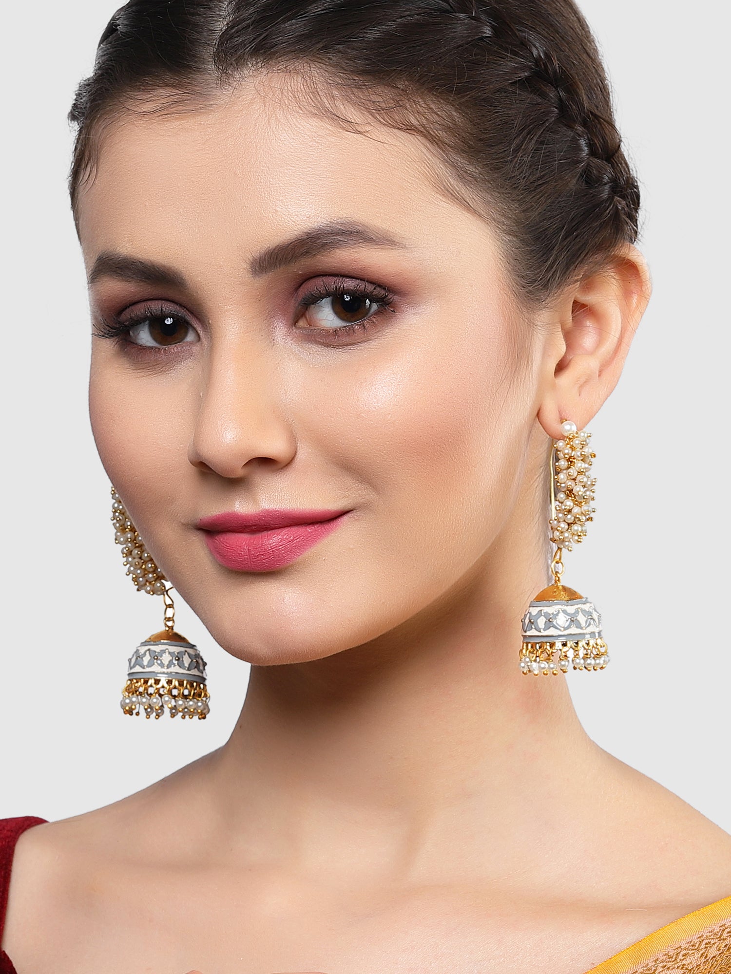 Karatcart Gold Plated Grey Meena Pearl Studded Kundan Jhumki Earrings for Women - Image 1