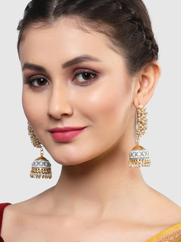 Karatcart Gold Plated Grey Meena Pearl Studded Kundan Jhumki Earrings for Women