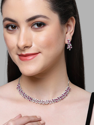 Karatcart Silver Plated Purple and White Cubic Zirconia Studded Necklace Set