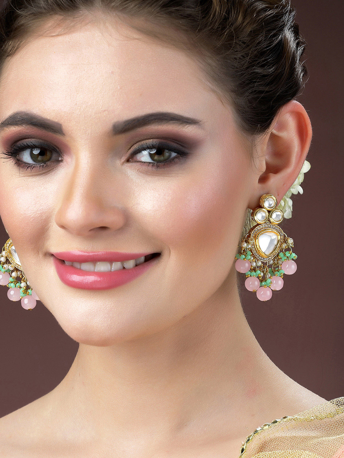 Karatcart Gold Plated Pink Beads Lime Green Crystals Kundan Drop Earrings for Women