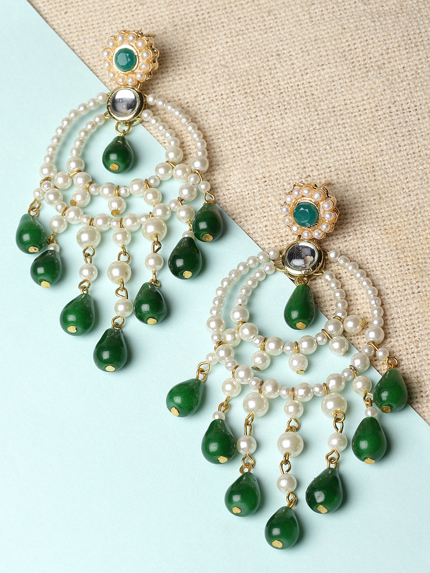 Karatcart Gold Plated Green Bead Kundan Drop Earrings for Women - view 3