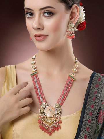 Karatcart Peach Meena Red Crystal Polki Kundan Necklace Set for Women