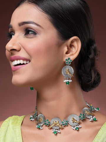 Karatcart Dual Tone Antique Silver and Gold Green Peacock Jewellery Set