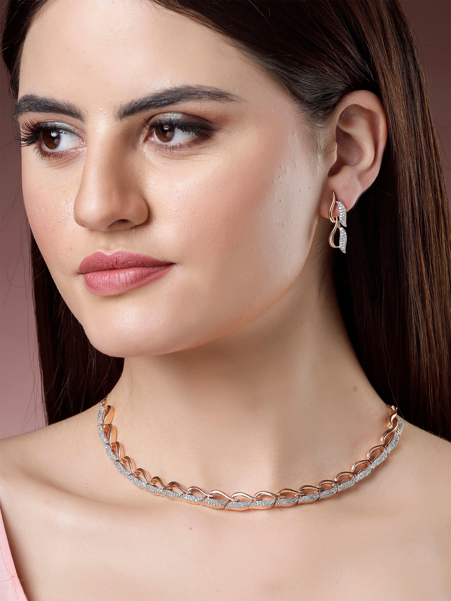 Karatcart Lightweight Rose Gold Necklace Set with Sparkling Cubic Zirconia and Sleek Rhodium Finish