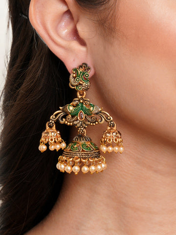 Karatcart Gold Plated Green Meena Double Jhumki Earrings for Women