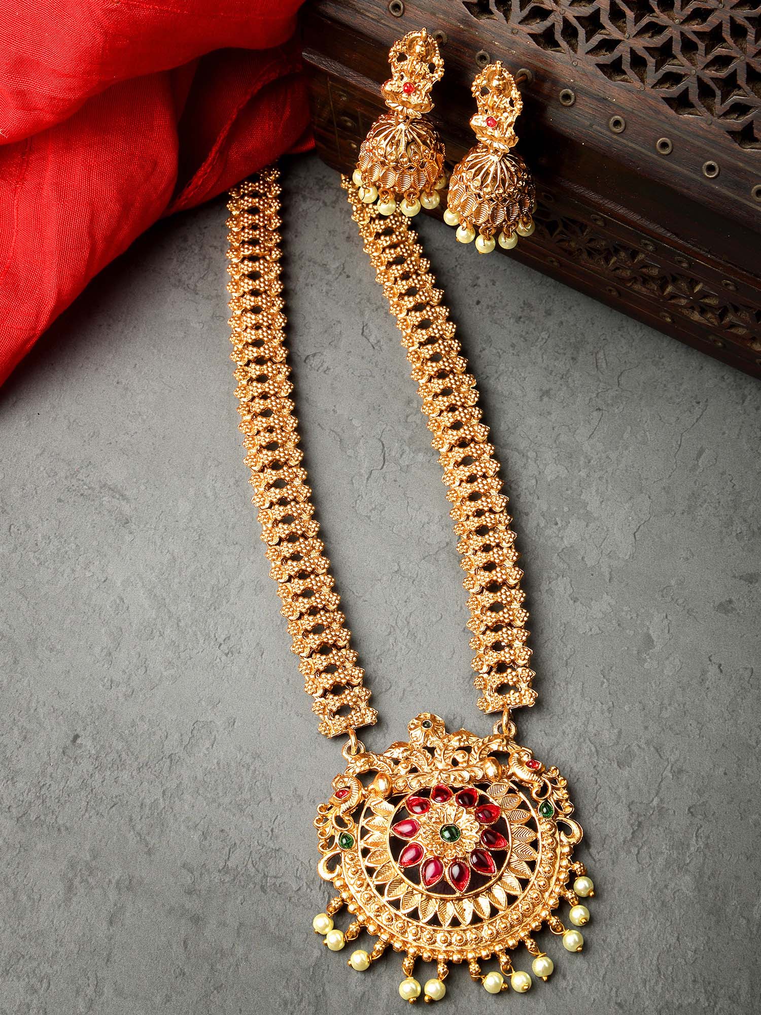 Karatcart Gold Plated Red Stone Floral Design Rani Haar Temple Jewellery Set for Women - view 3