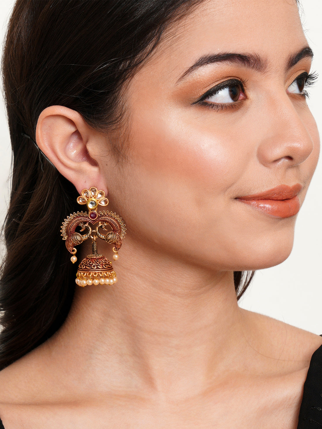 Karatcart Antique Gold Plated Maroon Designer Peacock Jhumki Earrings for Women