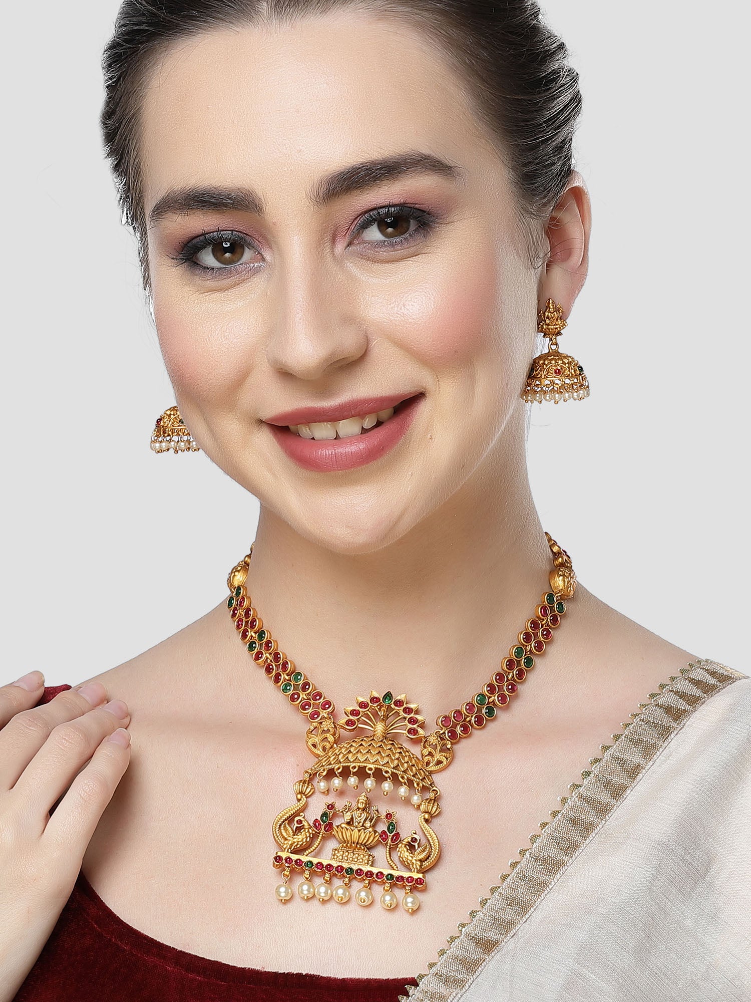 Karatcart Gold Plated Peacock and Laxmi Mata Long Temple Jewellery Set for Women - Image 1