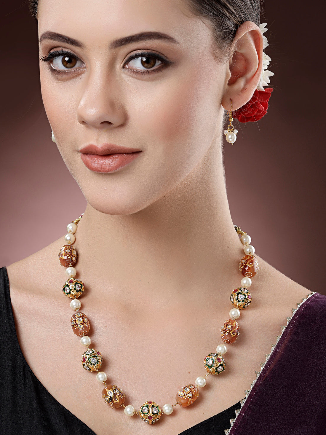 Karatcart Gold Plated Brown Stone and Pearl Necklace Set for Women