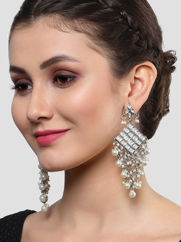 Karatcart Oxidised Silver Diamond Shape Pearl Studded Kundan Dangler Earrings for Women