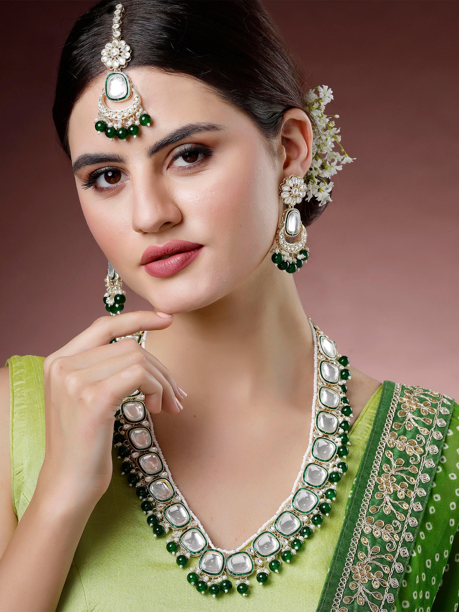 Karatcart Traditional Gold Plated Green Beads Polki Kundan Rani Haar Necklace Set