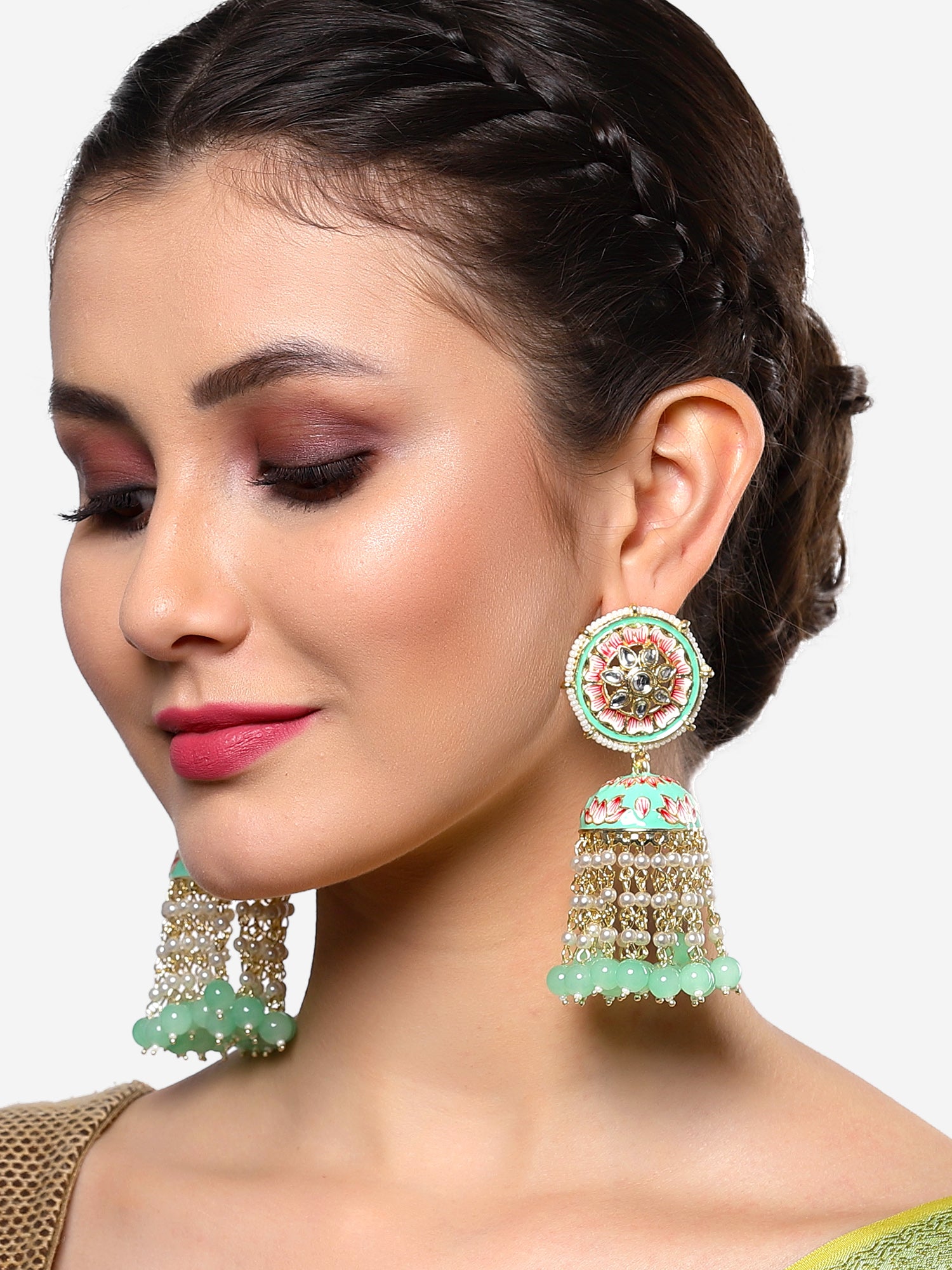 Karatcart Gold Plated Lime Green Meena and Pearl Studded Floral Kundan Jhumki Earrings for Women - Image 1